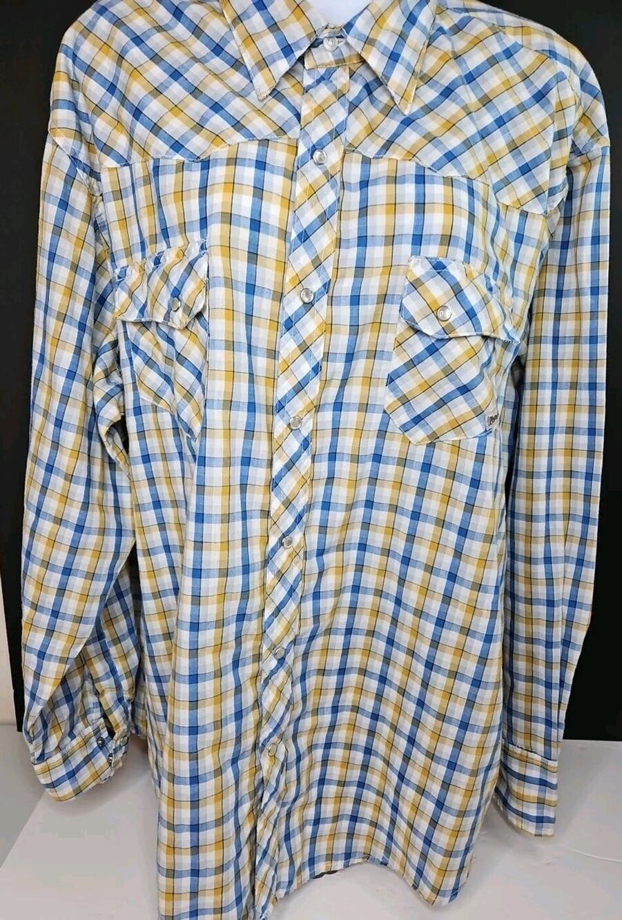 Vtg Wrangler Wrancher Blue Yellow Plaid Pearl Snap Button Shirt, 2XL,